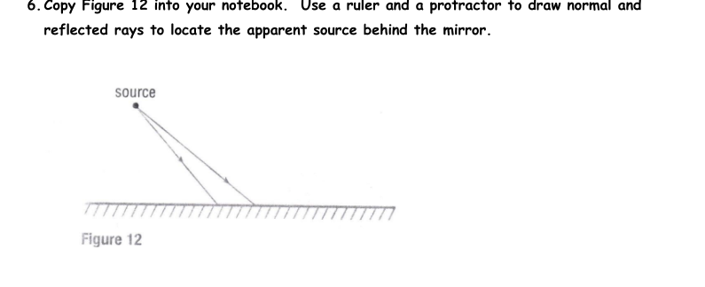 6. Copy Figure 12 into your notebook. Use a ruler and a protractor to draw normal and
reflected rays to locate the apparent source behind the mirror.
source
77
Figure 12

