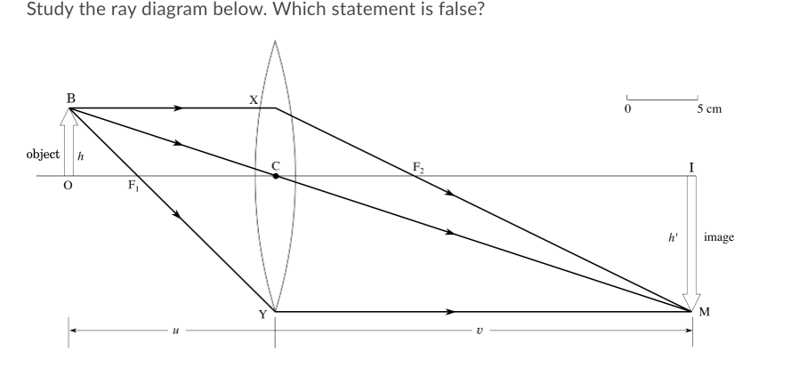 Study the ray diagram below. Which statement is false?
B
5 сm
object h
F2
I
F,
h'
image
Y
M
