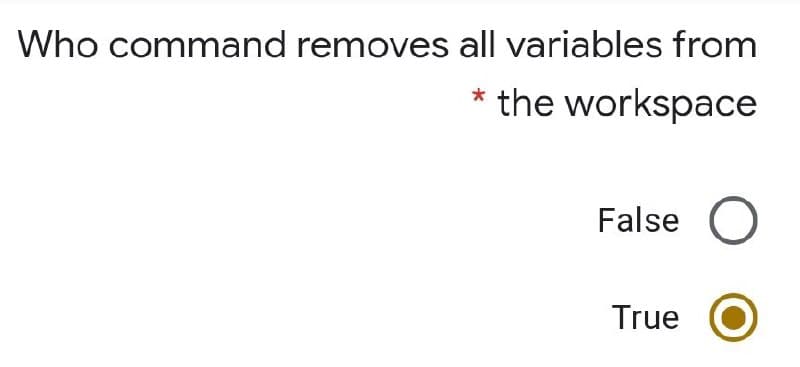 Who command removes all variables from
* the workspace
False
True
