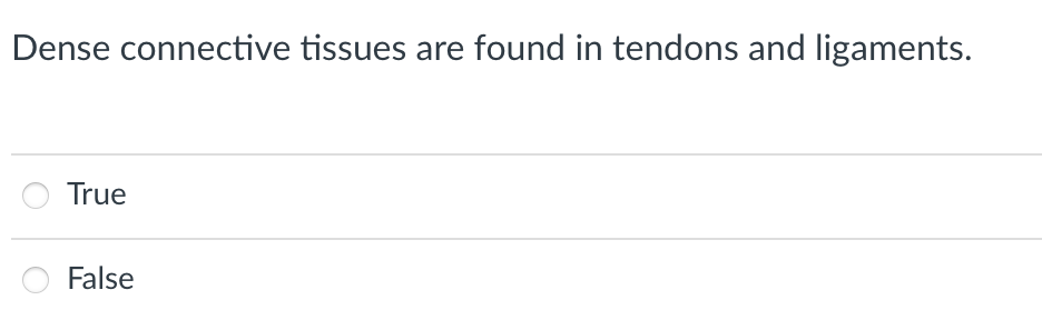 Dense connective tissues are found in tendons and ligaments.
True
False