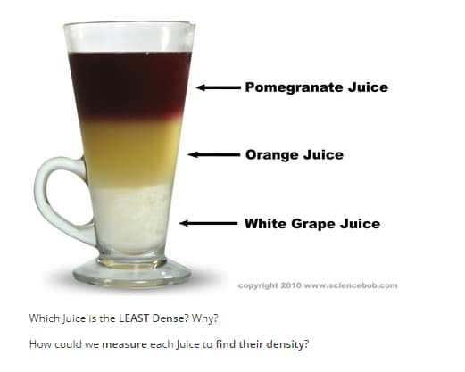 Pomegranate Juice
Orange Juice
White Grape Juice
copyright 2010 www.scioncebob.com
Which Juice is the LEAST Dense? Why?
How could we measure each Juice to find their density?
