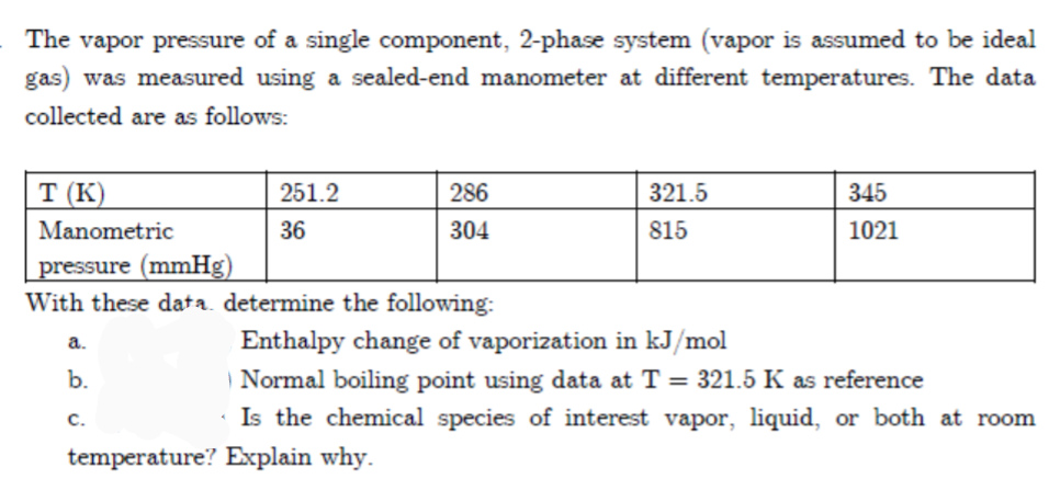 The vapor pressure of a single component, 2-phase system (vapor is assumed to be ideal
gas) was measured using a sealed-end manometer at different temperatures. The data
collected are as follows:
T (K)
251.2
286
321.5
345
Manometric
36
304
815
1021
pressure (mmHg)
With these data. determine the following:
Enthalpy change of vaporization in kJ/mol
a.
b.
| Normal boiling point using data at T = 321.5 K as reference
с.
· Is the chemical species of interest vapor, liquid, or both at room
temperature? Explain why.
