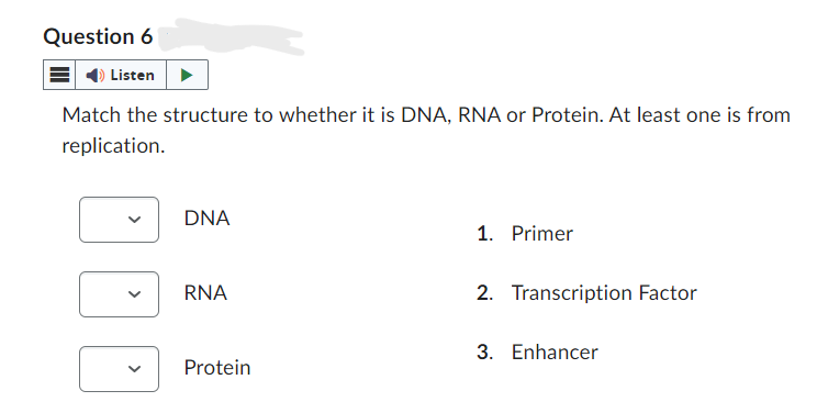 Question 6
Listen
Match the structure to whether it is DNA, RNA or Protein. At least one is from
replication.
>
1. Primer
RNA
2. Transcription Factor
DNA
3. Enhancer
Protein