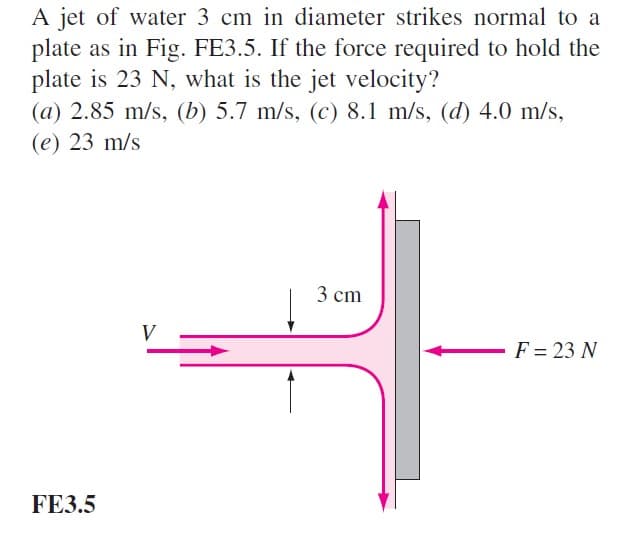 A jet of water 3 cm in diameter strikes normal to a
plate as in Fig. FE3.5. If the force required to hold the
plate is 23 N, what is the jet velocity?
(a) 2.85 m/s, (b) 5.7 m/s, (c) 8.1 m/s, (d) 4.0 m/s,
(е) 23 m/s
3 сm
V
F = 23 N
FE3.5
