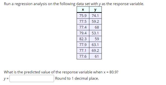 Run a regression analysis on the following data set with y as the response variable.
y
75.9 | 74.1
77.5
59.2
77.4
68
79.4
53.1
82.3
59
77.9
63.1
77.1
69.2
77.6
61
What is the predicted value of the response variable when x = 80.9?
y =
Round to 1 decimal place.
