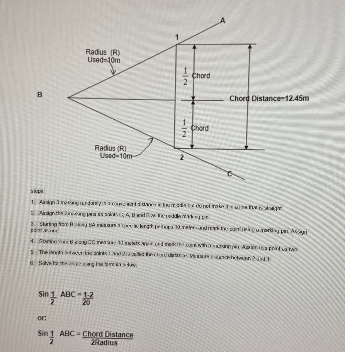 Radius (R)
Used=10m
Chord
Chord Distance%-D12.45m
Chord
Radius (R)
Used=10m-
2.
steps:
1. Assign 3 marking randomly in a convenient distance in the middle but do not make it in a line that is straight.
2. Assign the 3marking pins as points C, A, B and B as the middle marking pin.
3. Starting from B along BA measure a specific length perhaps 10 meters and mark the point using a marking pin. Assign
point as one.
4 Starting from B along BC measure 10 meters again and mark the point with a marking pin. Assign this point as two.
5. The length between the points 1 and 2 is called the chord distance. Measure distance between 2 and 1
6 Solve for the angle using the formula below:
ABC = 1-2
20
Sin 2
or:
Sin 1 ABC = Chord Distance
2
2Radius
1/2
1/2
B.
