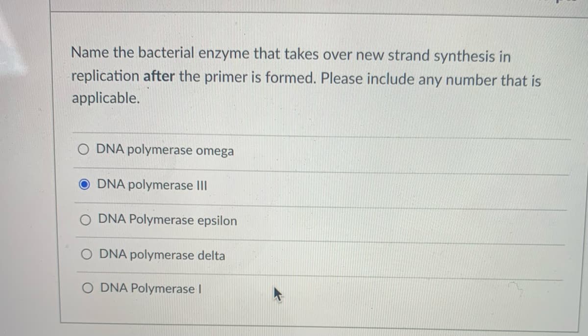Name the bacterial enzyme that takes over new strand synthesis in
replication after the primer is formed. Please include any number that is
applicable.
DNA polymerase omega
DNA polymerase II
DNA Polymerase epsilon
DNA polymerase delta
O DNA Polymerase I
