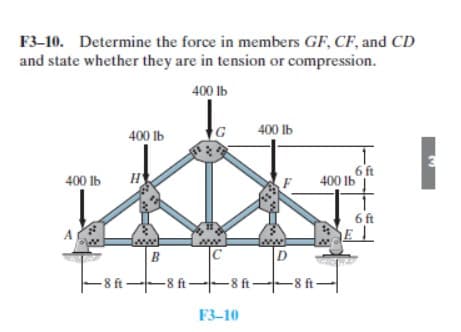 F3-10. Determine the force in members GF, CF, and CD
and state whether they are in tension or compression.
400 lb
400 Ib
G
400 Ib
H
6 ft
400 Ib
400 Ib
6 ft
C
B
- 8 ft--8 ft--8 ft--8 t
D
-8 ft-
F3-10

