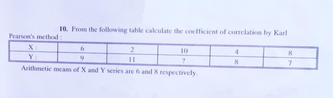 10. From the following table calculate the coefficient of correlation by Karl
Pearson's method:
X :
6.
10
8
Y:
11
8
Arithmetic means of X and Y series are 6 and 8 respectively.
