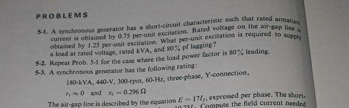 PROBLEMS
a load at rated voltage, rated kVA, and 80% pf lagging ?
5-2. Repeat Prob. 5-1 for the case where the load power factor is 80% leading.
5-3. A synchronous generator has the following rating:
180-kVA, 440-V, 300-rpm, 60-Hz, three-phase, Y-connection,
r,=0 and x, = 0.296 2
The air-gap line is described by the equation E = 171, expressed per phase. The short.
10.75L. Compute the field current needed
