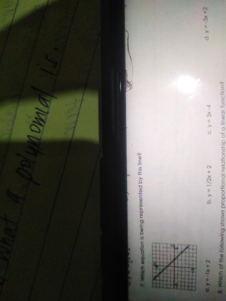 Dolumomia
7. Which equafion is being represented by this line?
d. y = -3x+2
a. y = -Ix+2
b. y 1/2x+ 2
C. y 3x-4
8. Which of the following shows proportional relo
nship of a linear function?
