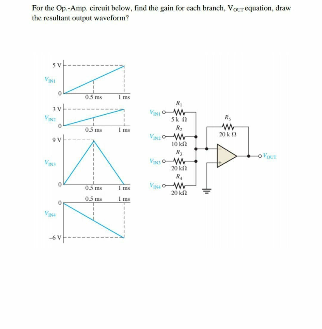 For the Op.-Amp. circuit below, find the gain for each branch, VOUT equation, draw
the resultant output waveform?
5V
VINI
0.5 ms
1 ms
R1
3 V
VINI W
5k N
VIN2
R5
0.5 ms
1 ms
R2
20 k 2
9 V
VIN2 OW
10 k2
R3
OVOUT
VIN3 OW
20 k2
VIN3
R4
VIN4 OW
20 kN
0.5 ms
1 ms
0.5 ms
1 ms
VIN4
-6 V
