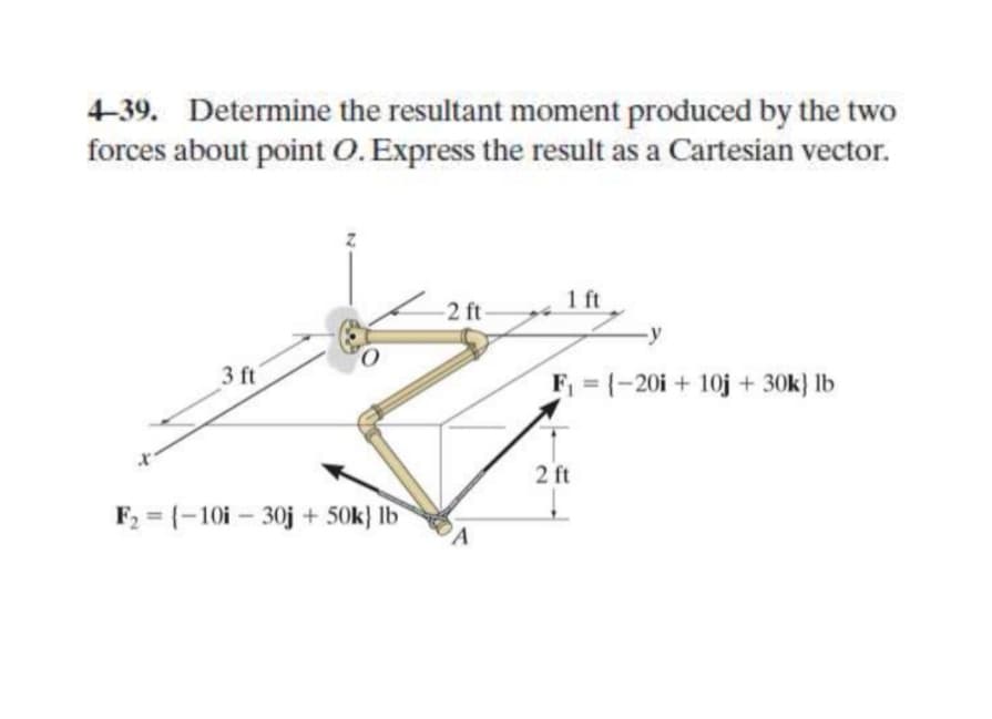 4-39. Determine the resultant moment produced by the two
forces about point O. Express the result as a Cartesian vector.
1 ft
-2 ft
-y
3 ft
F = (-20i + 10j + 30k} lb
2 ft
F, = (-10i – 30j + 50k} lb
