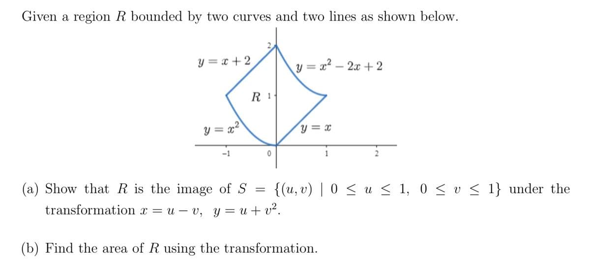 Given a region R bounded by two curves and two lines as shown below.
y=x+2
y = x – 2x +2
R1
y = x²
y = x
0
2
(a) Show that R is the image of S = {(u, v) | 0 ≤ u ≤ 1,0 ≤ v ≤ 1} under the
transformation x = uv, y = u + v².
(b) Find the area of R using the transformation.
