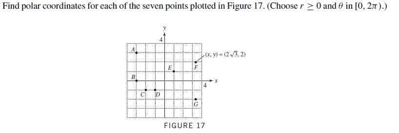 Find polar coordinates for each of the seven points plotted in Figure 17. (Choose r > 0 and 0 in [0, 27).)
AL
(x, y) (2 3, 2)
FIGURE 17
