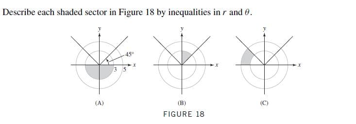 Describe each shaded sector in Figure 18 by inequalities in r and 0.
45°
3.
15
(A)
(B)
FIGURE 18
