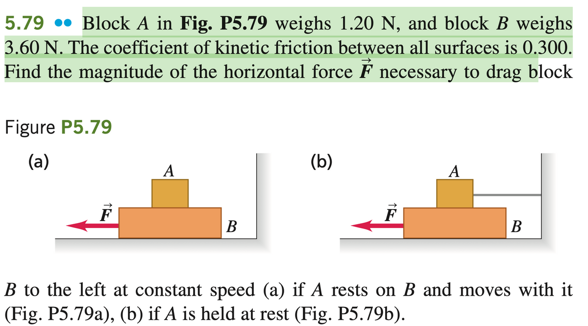 5.79 •• Block A in Fig. P5.79 weighs 1.20 N, and block B weighs
3.60 N. The coefficient of kinetic friction between all surfaces is 0.300.
Find the magnitude of the horizontal force F necessary to drag block
Figure P5.79
(a)
(b)
A
A
F
В
В
B to the left at constant speed (a) if A rests on B and moves with it
(Fig. P5.79a), (b) if A is held at rest (Fig. P5.79b).
