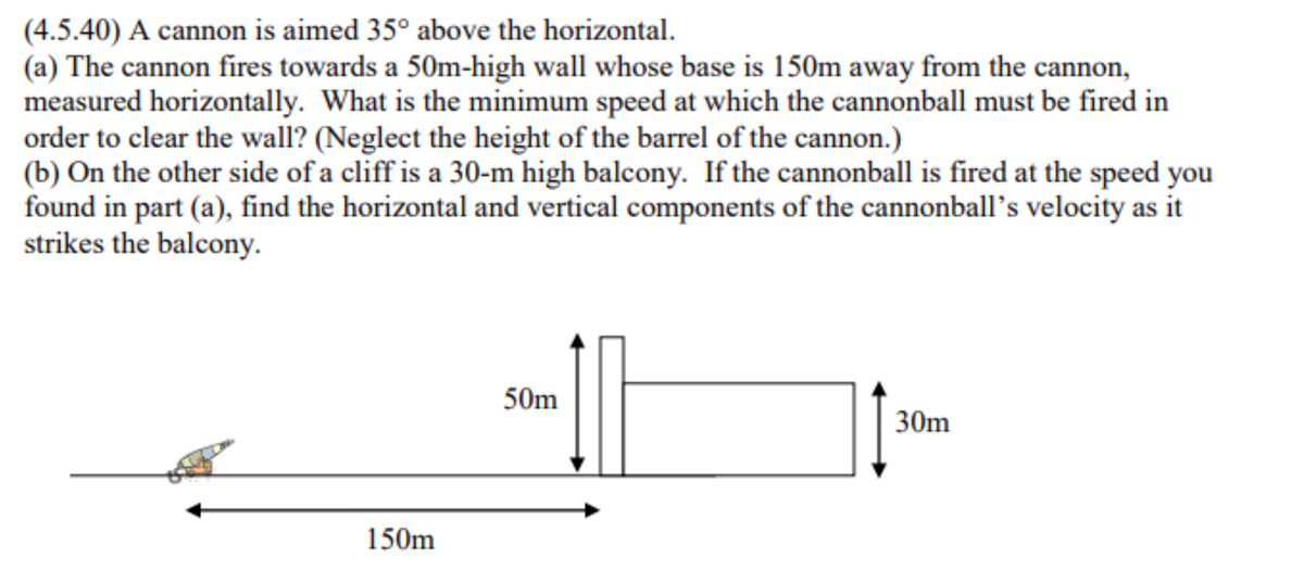 (4.5.40) A cannon is aimed 35° above the horizontal.
(a) The cannon fires towards a 50m-high wall whose base is 150m away from the cannon,
measured horizontally. What is the minimum speed at which the cannonball must be fired in
order to clear the wall? (Neglect the height of the barrel of the cannon.)
(b) On the other side of a cliff is a 30-m high balcony. If the cannonball is fired at the speed you
found in part (a), find the horizontal and vertical components of the cannonball's velocity as it
strikes the balcony.
50m
30m
150m
