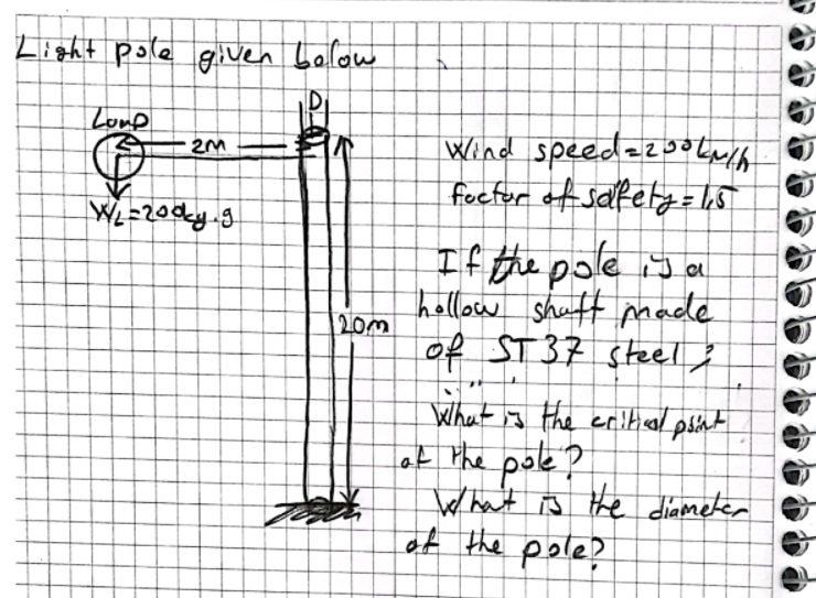 Light pole given balow
Lonp
Wind speedezooLay'h
freefor of safety= Las
If the pole is a
hellow shaft made
W=20dy.g
20m
of ST37 steel }
What is the eritol pstnt
Lat the pae?
What is the diameter
et the pole?
