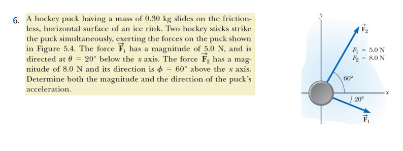 6. A hockey puck having a mass of 0.30 kg slides on the friction-
less, horizontal surface of an ice rink. Two hockey sticks strike
the puck simultaneously, exerting the forces on the puck shown
in Figure 5.4. The force F₁ has a magnitude of 5.0 N, and is
directed at 0 = 20° below the x axis. The force F₂ has a mag-
nitude of 8.0 N and its direction is = 60° above the x axis.
Determine both the magnitude and the direction of the puck's
acceleration.
F₂
F₁ = 5.0 N
F₂ = 8.0 N
60°
20°
TE