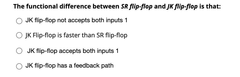 The functional difference between SR flip-flop and JK flip-flop is that:
JK flip-flop not accepts both inputs 1
JK Flip-flop is faster than SR flip-flop
JK flip-flop accepts both inputs 1
JK flip-flop has a feedback path
