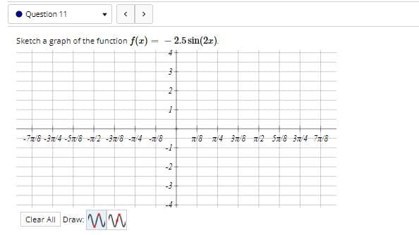 Question 11
>
Sketch a graph of the function f(r)
- 2.5 sin(2r).
4+
7/4 37/8 /2 5n/8 3n/4 7n/8
-7z/8 -37/4 -5n/8 -7/2 -37/8 -n4 -/8
-1
-2
-3
-44
Clear All Draw: WW
