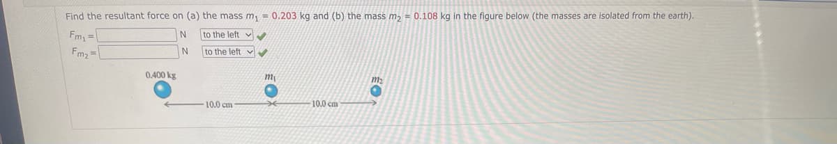 Find the resultant force on (a) the mass m₁ = 0.203 kg and (b) the mass m₂ = 0.108 kg in the figure below (the masses are isolated from the earth).
Fm₁ =
N
to the left
to the left
Fm₂=
0.400 kg
N
10.0 cm
m₁
10.0 cm
m₂
•