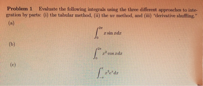 Evaluate the following integrals using the three different approaches to inte-
s: (i) the tabular method, (ii) the uv method, and (iii) “derivative shuffling."
I sin rdr
r² cos rdr
r'edr
