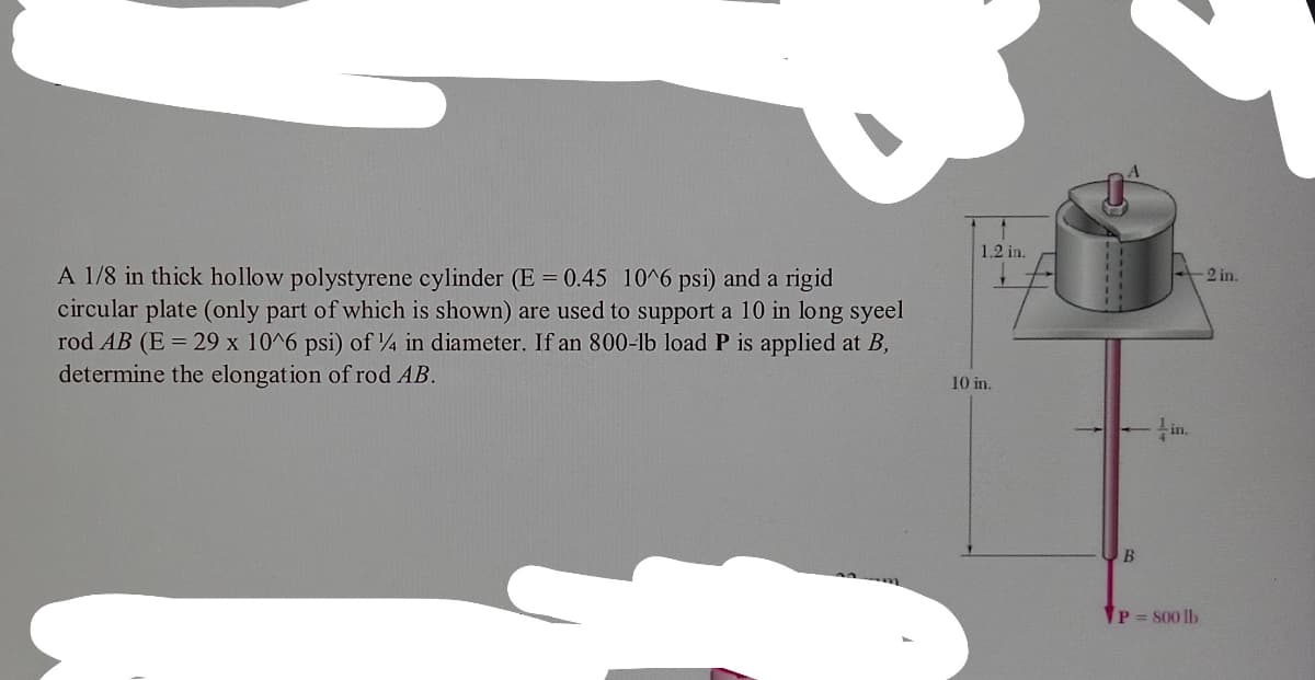 1.2 in.
A 1/8 in thick hollow polystyrene cylinder (E = 0.45 10^6 psi) and a rigid
circular plate (only part of which is shown) are used to support a 10 in long syeel
rod AB (E = 29 x 10^6 psi) of 4 in diameter. If an 800-lb load P is applied at B,
determine the elongation of rod AB.
2 in.
10 in.
in.
P 800 lb
