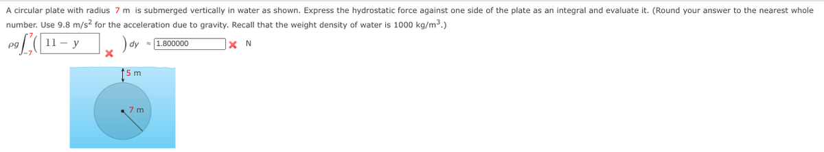 A circular plate with radius 7 m is submerged vertically in water as shown. Express the hydrostatic force against one side of the plate as an integral and evaluate it. (Round your answer to the nearest whole
number. Use 9.8 m/s² for the acceleration due to gravity. Recall that the weight density of water is 1000 kg/m³.)
pgfE
11- y
dy = 1.800000
XN
X
5 m
7 m