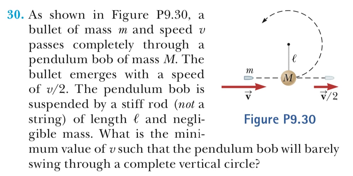 30. As shown in Figure P9.30, a
bullet of mass m and speed v
passes completely through a
pendulum bob of mass M. The
bullet emerges with a speed
of v/2. The pendulum bob is
suspended by a stiff rod (not a
string) of length l and negli-
giblemass. What is the mini-
V/2
Figure P9.30
mum value of v such that the pendulum bob will barely
swing through a complete vertical circle?
