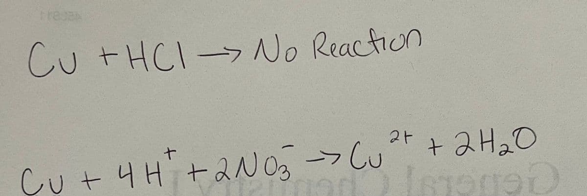 Cu + HCl -> No Reaction
+
Cu + 4H² + 2NO3 -> Cu
2+
+ 2H₂O
Impriso