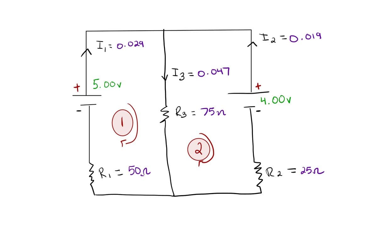 +
I₁ = 0.029
5.00
R₁ = 50
13=0.047
R3 = 75n
2
12=0.019
+
4.00
R₂ =251