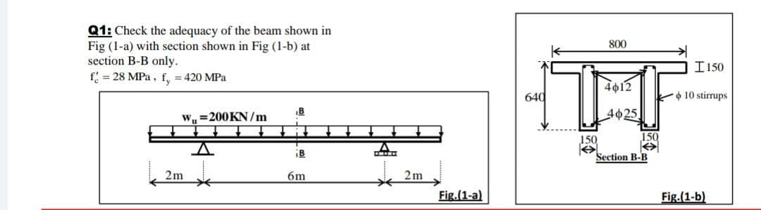Q1: Check the adequacy of the beam shown in
Fig (1-a) with section shown in Fig (1-b) at
section B-B only.
f 28 MPa, f, = 420 MPa
800
I 150
4012
640
+ 10 stirrups
W =200KN /m
B
4025
150
150
iB
Section B-B
2m
6m
2m
Fig.(1-a)
Fig.(1-b)
