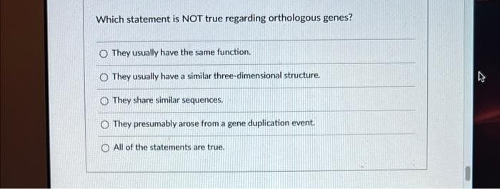 Which statement is NOT true regarding orthologous genes?
O They usually have the same function.
O They usually have a similar three-dimensional structure.
O They share similar sequences.
O They presumably arose from a gene duplication event.
O All of the statements are true.