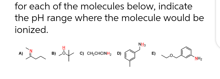 for each of the molecules below, indicate
the pH range where the molecule would be
ionized.
A)
B)
of
C) CH₂CHCINH2 D)
NH3
O
E)
NH₂