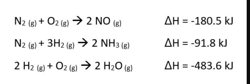 N2 (s) + O2 (в) 92 NO (8)
ДН %3 -180.5 kJ
N (8) + ЗH2 (8) 2 NH (8)
ДН 3 -91.8 kJ
2 H2 (8) + O2 (8) >2 H:0 (в)
ДН%3 -483.6 kJ
