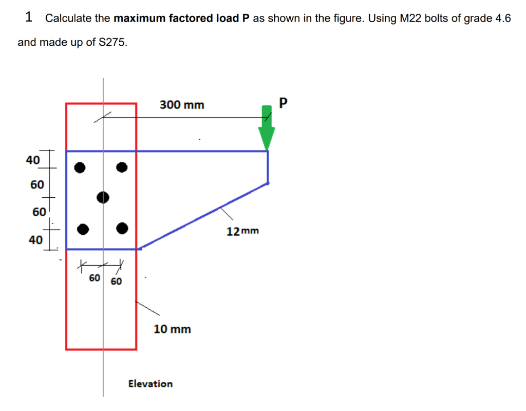 1 Calculate the maximum factored load P as shown in the figure. Using M22 bolts of grade 4.6
and made up of S275.
40
60
60
40
F
K
60
60
300 mm
10 mm
Elevation
12mm