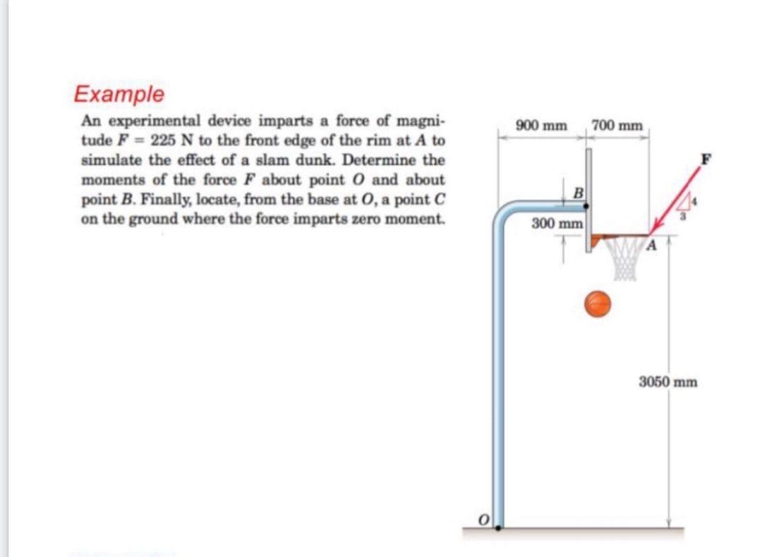 Example
An experimental device imparts a force of magni-
tude F = 225 N to the front edge of the rim at A to
simulate the effect of a slam dunk. Determine the
900 mm
700 mm
moments of the force F about point O and about
point B. Finally, locate, from the base at O, a point C
on the ground where the force imparts zero moment.
300 mm
3050 mm
