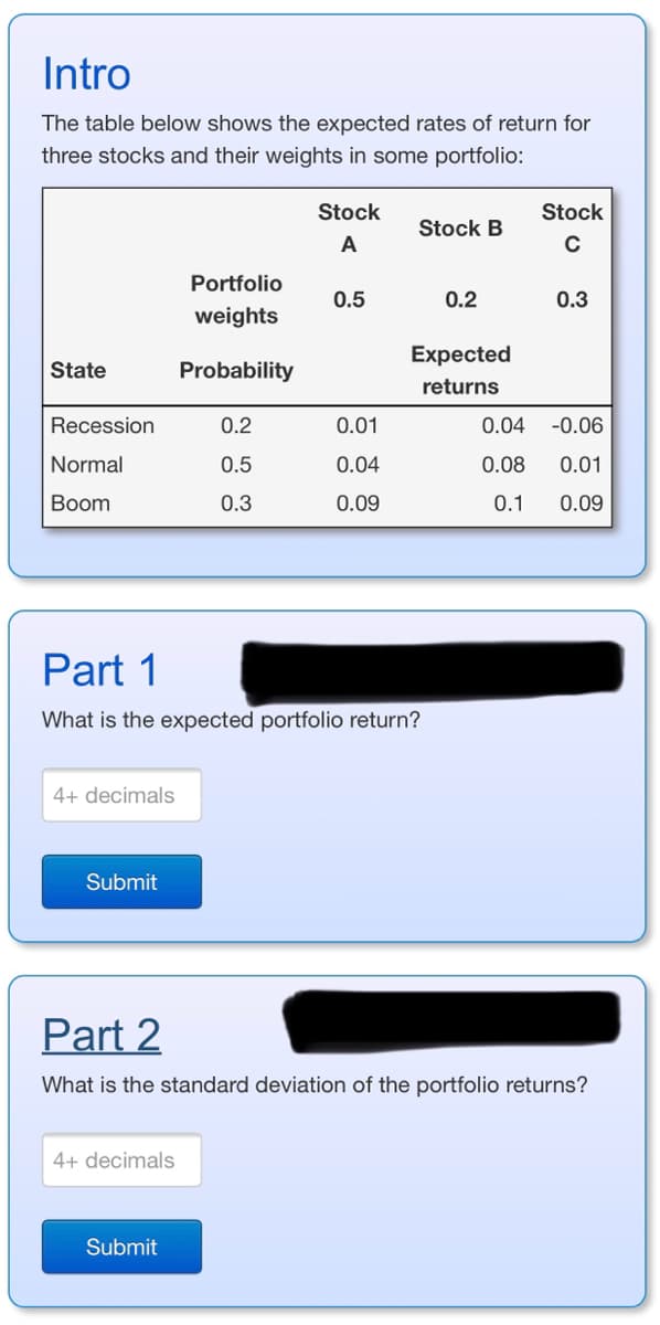 Intro
The table below shows the expected rates of return for
three stocks and their weights in some portfolio:
State
Recession
Normal
Boom
4+ decimals
Submit
Portfolio
weights
Probability
4+ decimals
0.2
0.5
0.3
Submit
Stock
A
0.5
Part 1
What is the expected portfolio return?
0.01
0.04
0.09
Stock B
0.2
Expected
returns
Stock
C
0.3
Part 2
What is the standard deviation of the portfolio returns?
0.04
-0.06
0.08 0.01
0.1
0.09