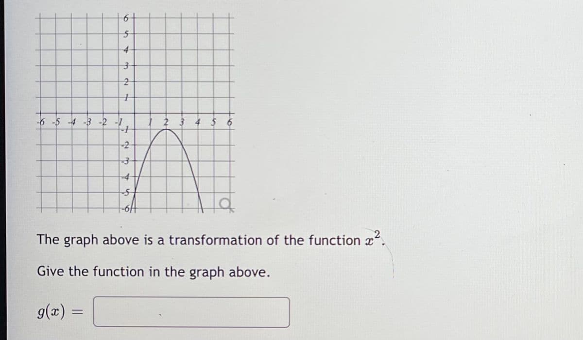 4-
-6-5 4-3 -2 -1
1 2
-4
The graph above is a transformation of the function x.
Give the function in the graph above.
9(x) =
