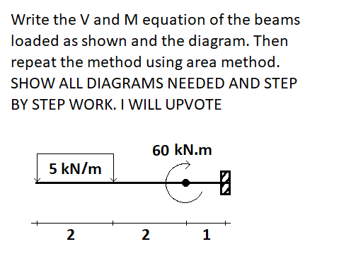 Write the V and M equation of the beams
loaded as shown and the diagram. Then
repeat the method using area method.
SHOW ALL DIAGRAMS NEEDED AND STEP
BY STEP WORK. I WILL UPVOTE
5 kN/m
2
2
60 kN.m
1
B