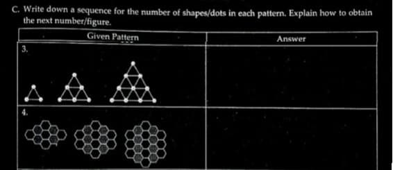 C. Write down a sequence for the number of shapes/dots in each pattern. Explain how to obtain
the next number/figure.
Given Pattern
3.
Answer
