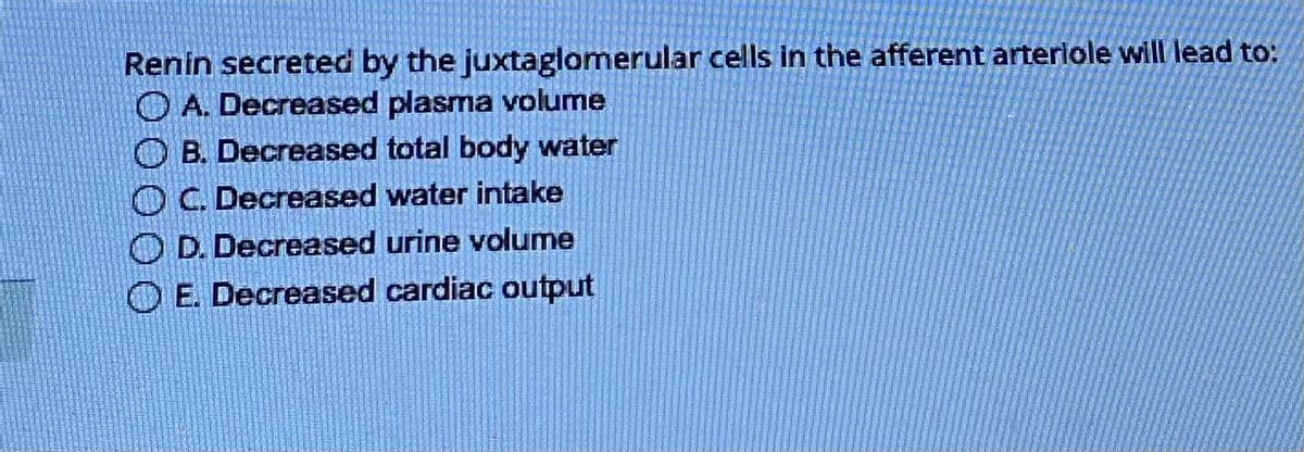 Renin secreted by the juxtaglomerular cells in the afferent arteriole will lead to:
A. Decreased plasma volume
B. Decreased total body water
C. Decreased water intake
D. Decreased urine volume
E. Decreased cardiac output