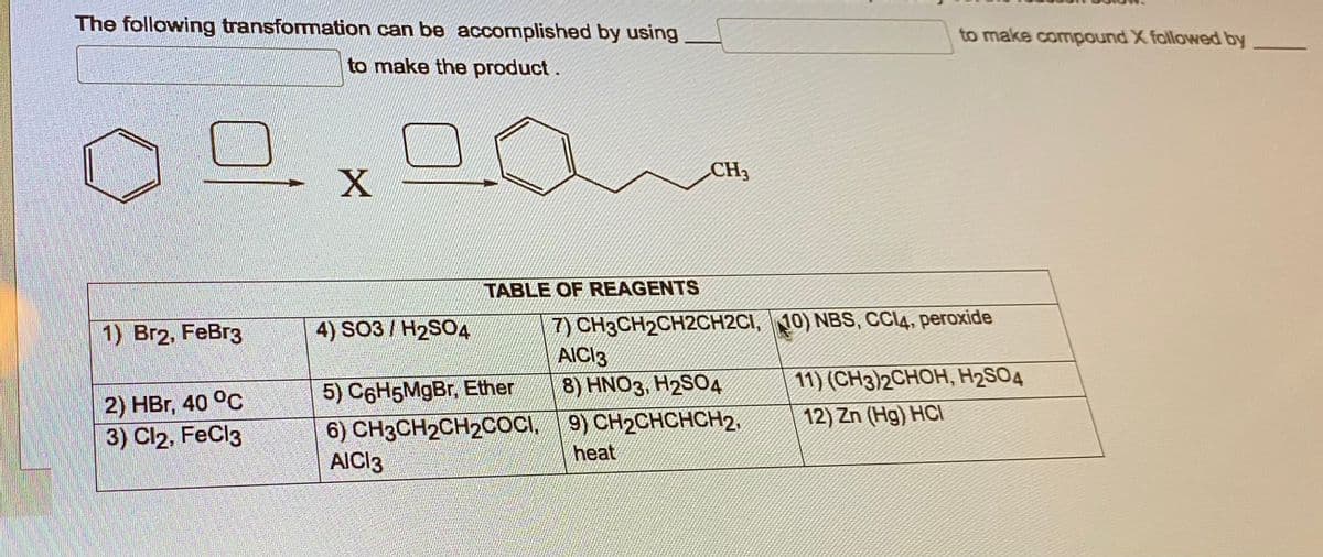 The following transformation can be accomplished by using
to make the product.
1) Br2, FeBr3
2) HBr, 40 °C
3) Cl2, FeCl3
X
4) SO3 H2SO4
CH3
TABLE OF REAGENTS
7) CH3CH₂CH2CH2C1,
AICI3
8) HNO3, H2SO4
9) CH₂CHCHCH2,
heat
5) C6H5MgBr, Ether
6) CH3CH2CH2COCI,
AICI3
to make compound X followed by
10) NBS, CCI4, peroxide
11) (CH3)2CHOH, H₂SO4
12) Zn (Hg) HCI
-