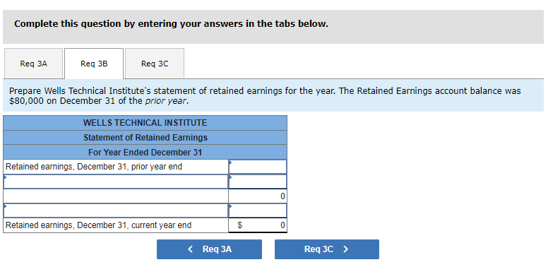 Complete this question by entering your answers in the tabs below.
Req 3A
Req 3B
Req 3C
Prepare Wells Technical Institute's statement of retained earnings for the year. The Retained Earnings account balance was
$80,000 on December 31 of the prior year.
WELLS TECHNICAL INSTITUTE
Statement of Retained Earnings
For Year Ended December 31
Retained earnings, December 31, prior year end
Retained earnings, December 31, current year end
< Req 3A
$
0
0
Req 3C >