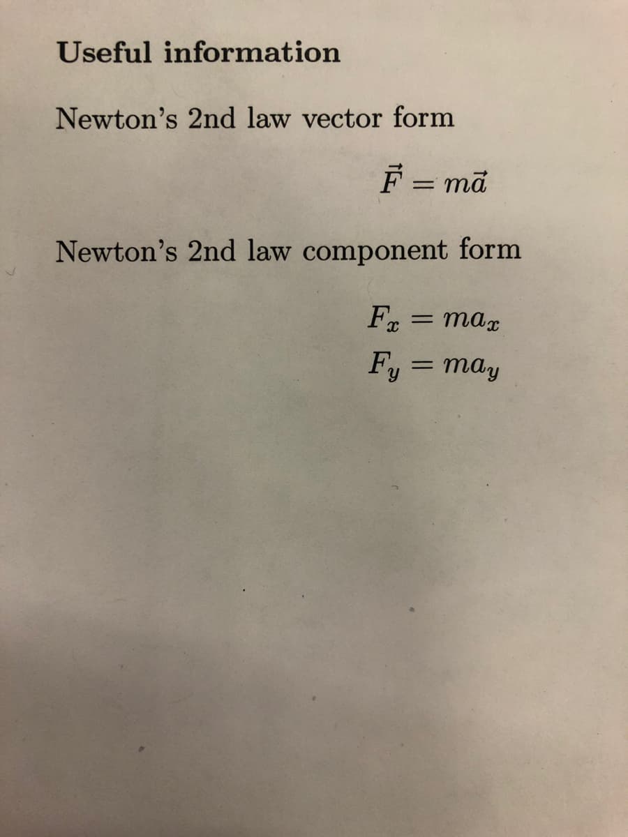Useful information
Newton's 2nd law vector form
F = ma
Newton's 2nd law component form
Fx =
Fy = may
: max