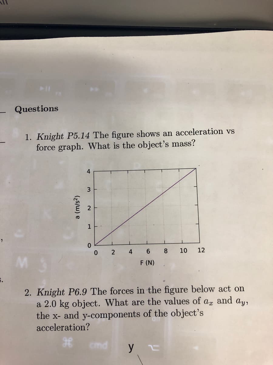 Questions
1. Knight P5.14 The figure shows an acceleration vs
force graph. What is the object's mass?
a (m/s²)
4
3
2
1
0
0 2
4
6
F (N)
8
cmd y t
10 12
2. Knight P6.9 The forces in the figure below act on
a 2.0 kg object. What are the values of ax and ay,
the x- and y-components of the object's
acceleration?
H