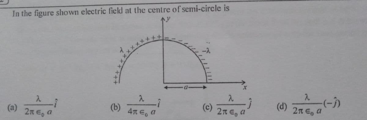 In the figure shown electric field at the centre of semi-circle is
+1
x x x X XXx
(-)
2n E, a
(a) 2nE, a
(b) 4Te
4TT E0
E, a
(c)
2n E, a
(d)
