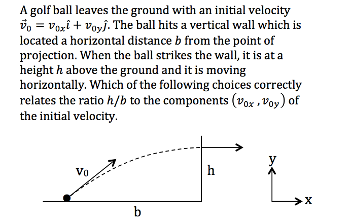 A golf ball leaves the ground with an initial velocity
vo = voxî + vovĵ. The ball hits a vertical wall which is
located a horizontal distance b from the point of
projection. When the ball strikes the wall, it is at a
height h above the ground and it is moving
horizontally. Which of the following choices correctly
relates the ratio h/b to the components (vox , Voy) of
the initial velocity.
FL
Vo
h
